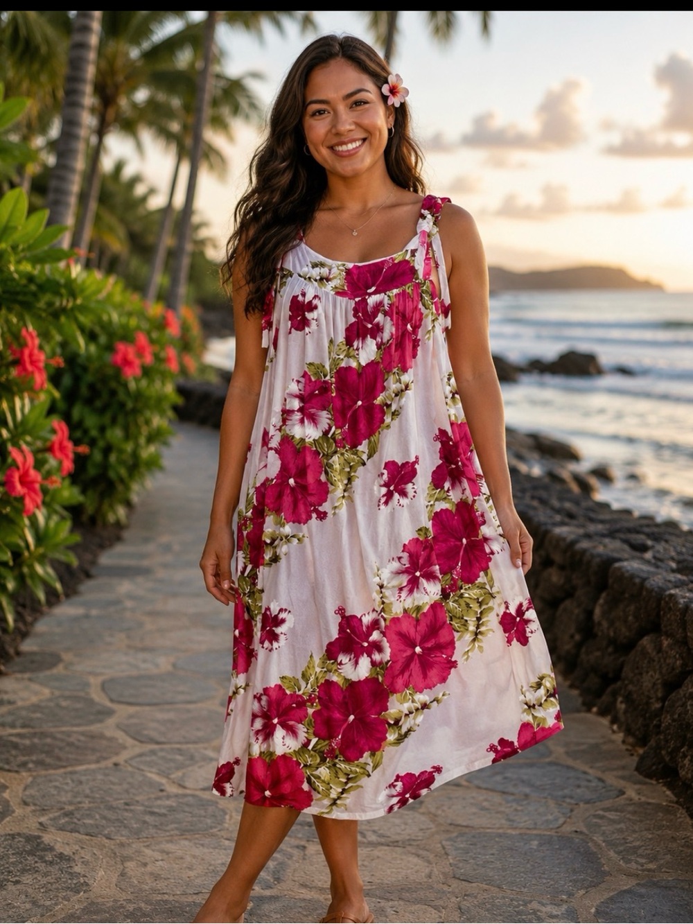Hawaiian White Maxi Dress with Pink Floral Print